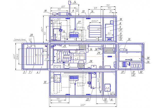 Чертеж блок-контейнера с АД-250-Т400-3РБК, длина контейнера - 6 метров, выделен энергетический отсек.